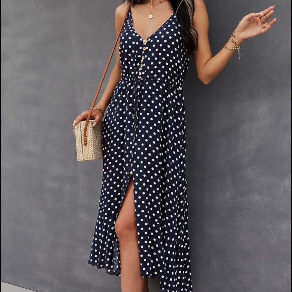 Boho Button Up V Neck Tie Polka Dot Dress BURGUNDY - Picture 9 of 10